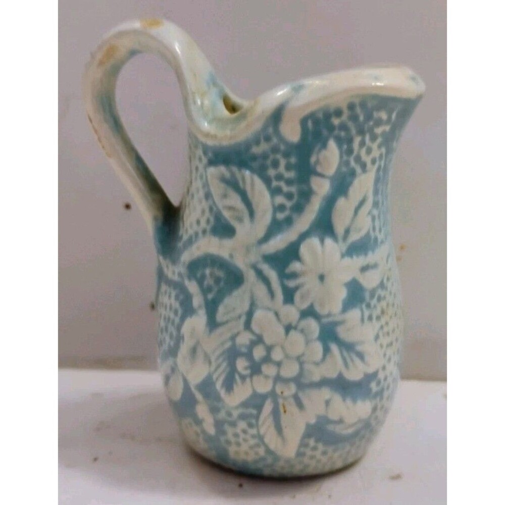 Vtg Studio Art Pottery Miniature Pitcher Signed Blue White Floral Creamer 3"